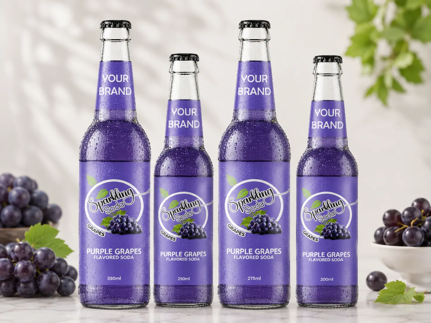 SPARKLING FLAVORED SODA Purple Grapes in 330ml, 250ml, 275ml, and 200ml glass bottles.